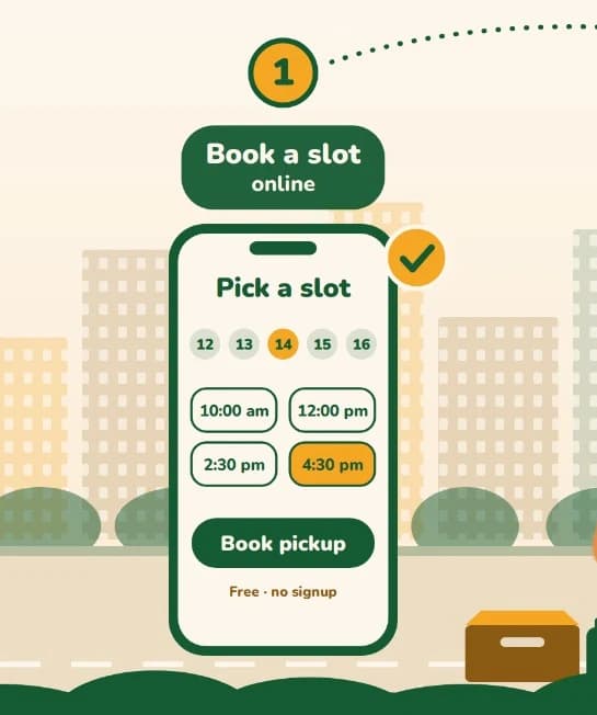 Step one — book a slot online: a phone showing a date and time picker with 4:30 pm chosen, free and with no signup.