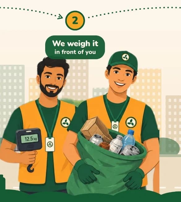 Step two — we weigh it in front of you: two ScrapSquad collectors in uniform, one holding a digital hanging scale reading 12.5 kg, the other a sack of sorted recyclables.