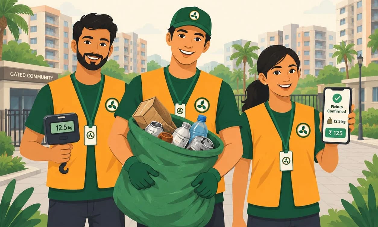 Three ScrapSquad collectors outside a gated community — one holding a digital hanging scale reading 12.5 kg, one carrying a sack of sorted recyclables, one showing a confirmed pickup on a phone.